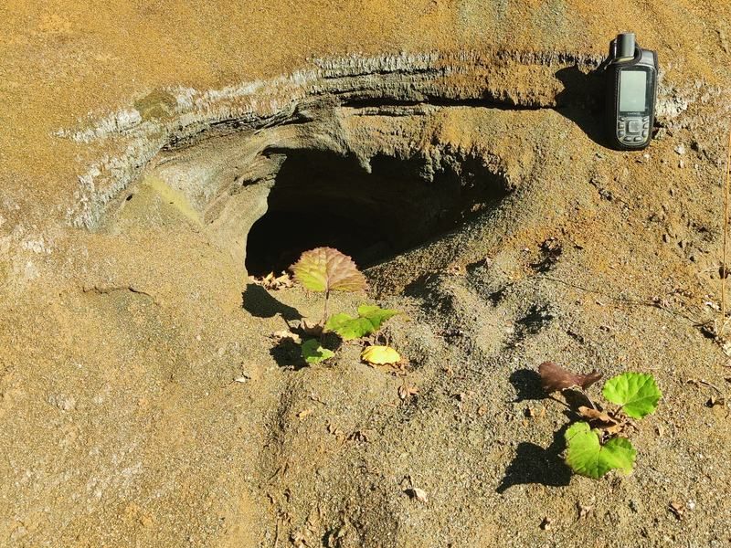 Close-up of sandy tailings material at surface, with a handheld GPS unit for scale.